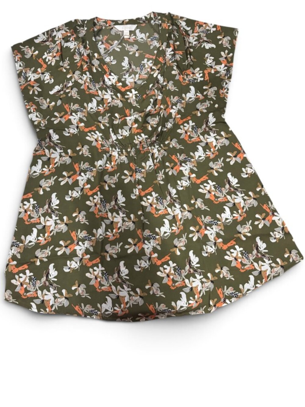 NWT aglow Womens Maternity Textured Satin Top Small S Green Print Smocked V-Neck